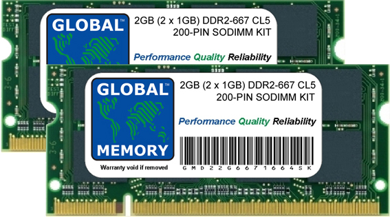 2GB (2 x 1GB) DDR2 667MHz PC2-5300 200-PIN SODIMM MEMORY RAM KIT FOR LAPTOPS/NOTEBOOKS